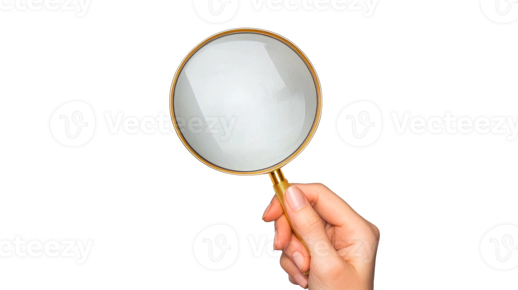 Hand holding a magnifying glass with a transparent background png