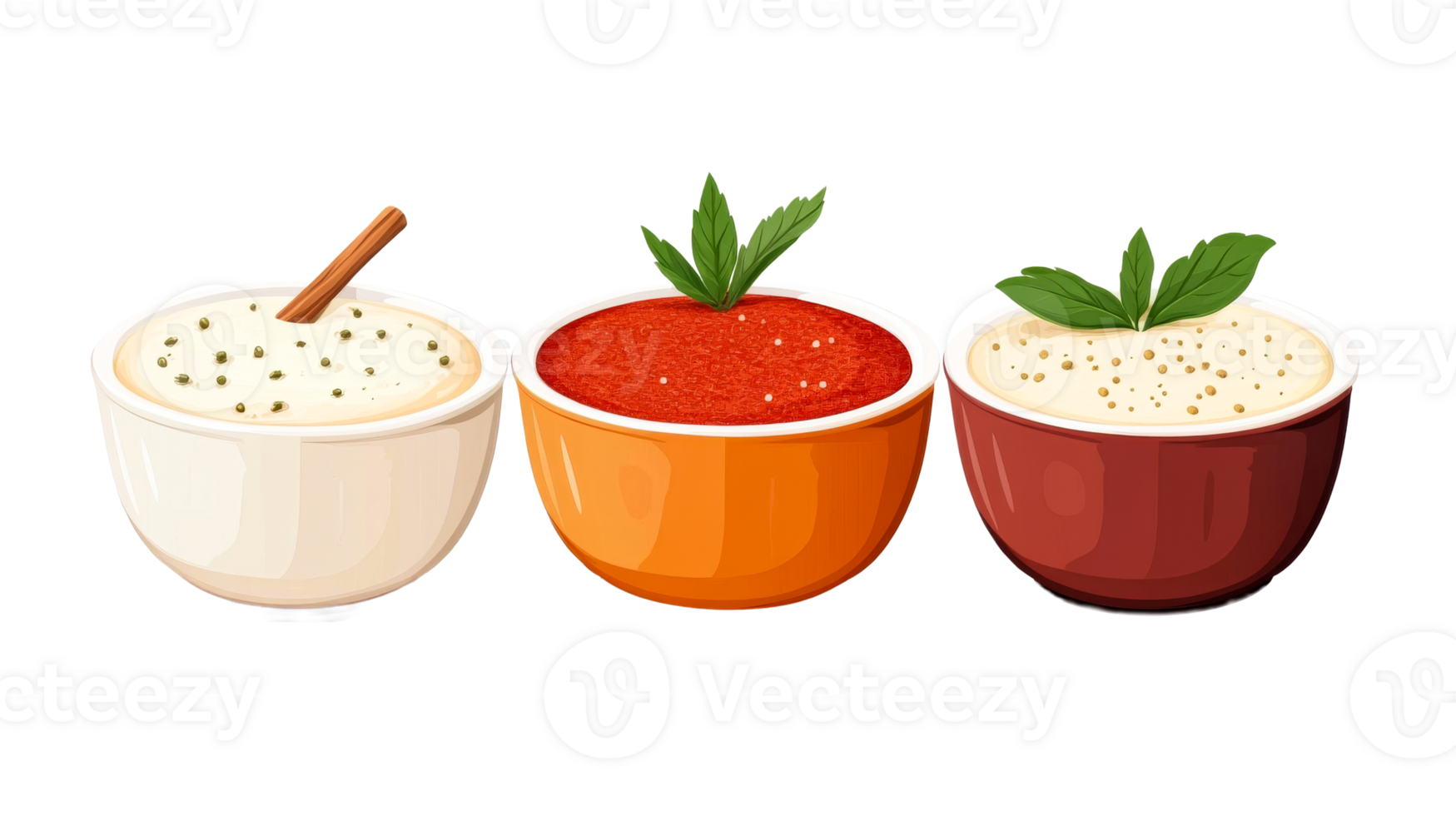 Three Bowls of Different Soups, Illustration, cut out transparent png