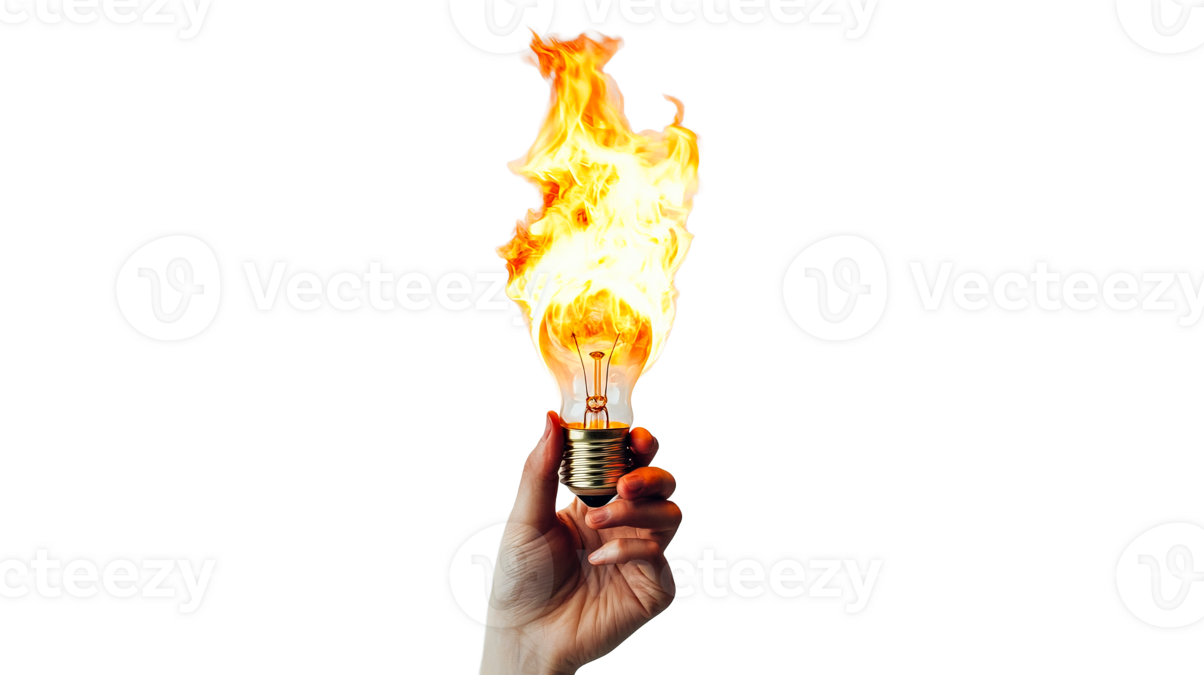 Hand holding lightbulb engulfed in flames, cut out transparent png