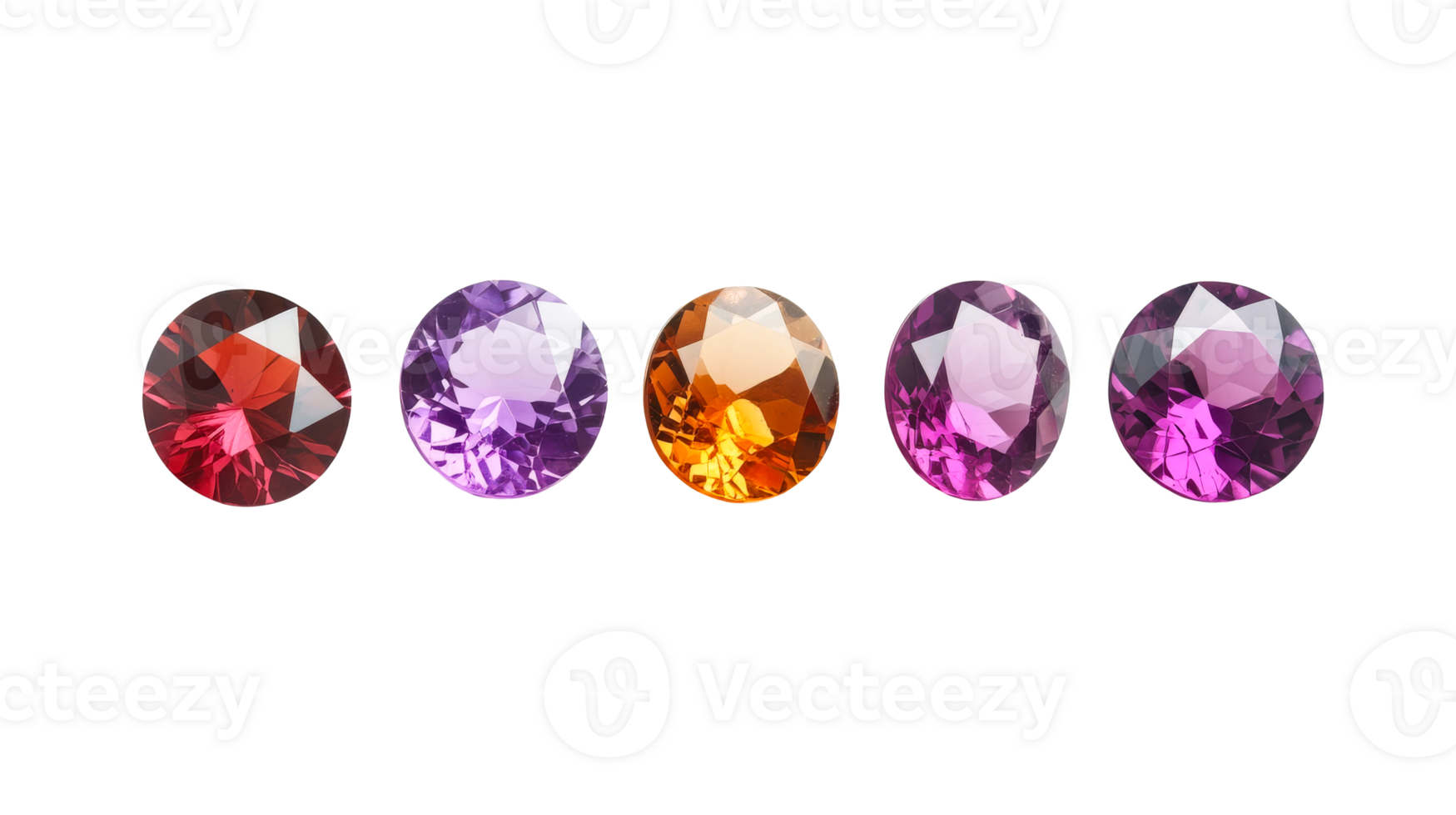 Five gems, different colors of jewels, on black background, cut out transparent png