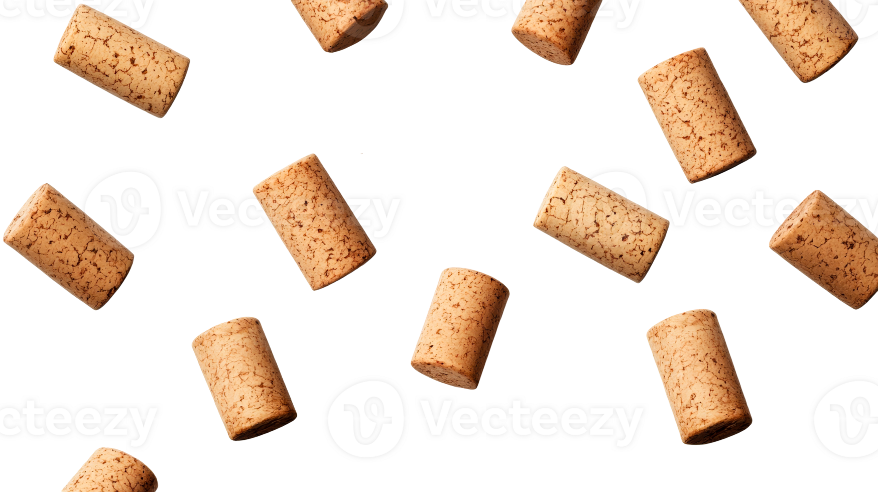 Wine corks floating against dark background, brown cylindrical objects, cut out transparent png
