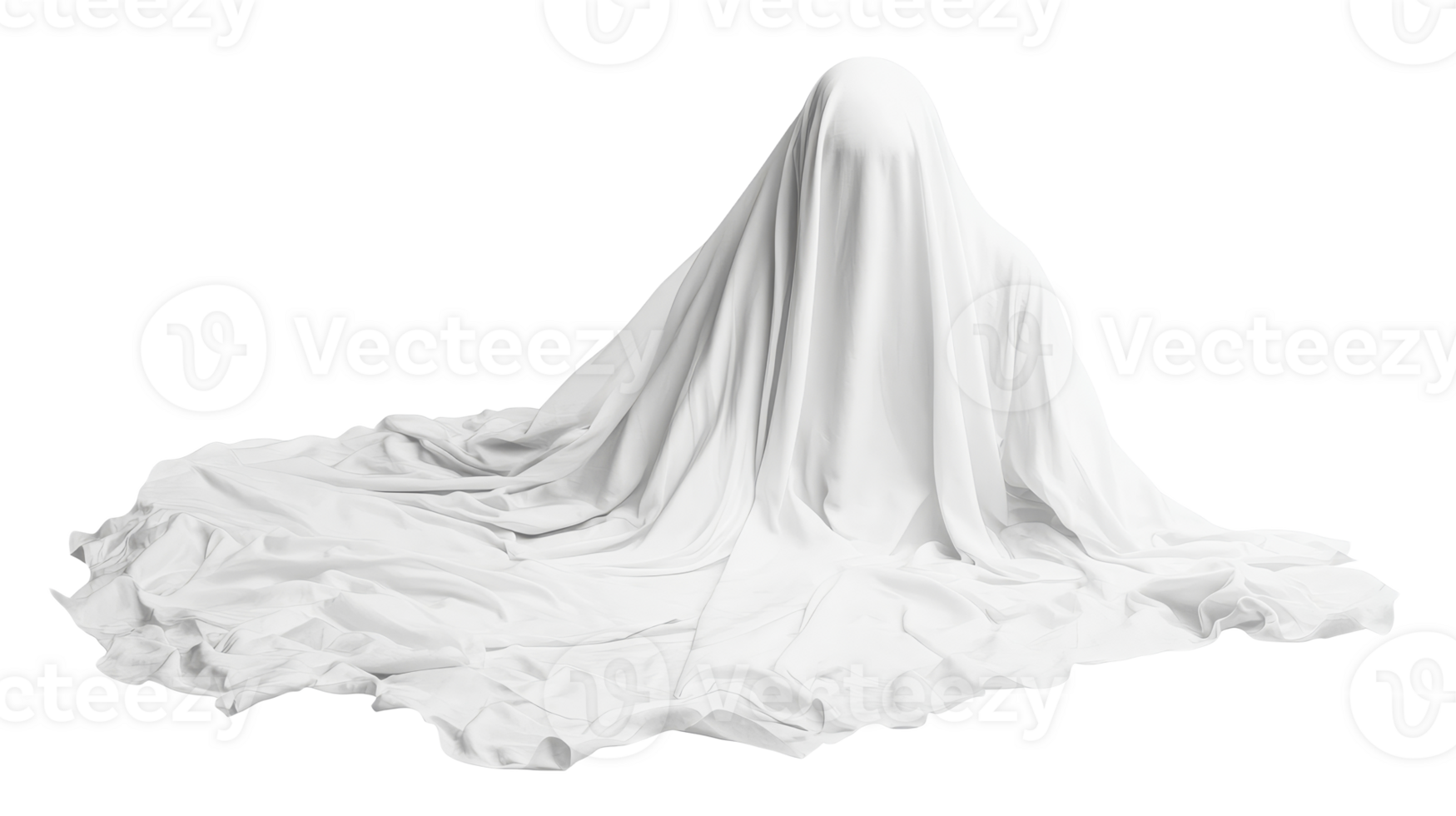 Ghostly figure covered in white sheet, floating ethereal presence, cut out transparent png