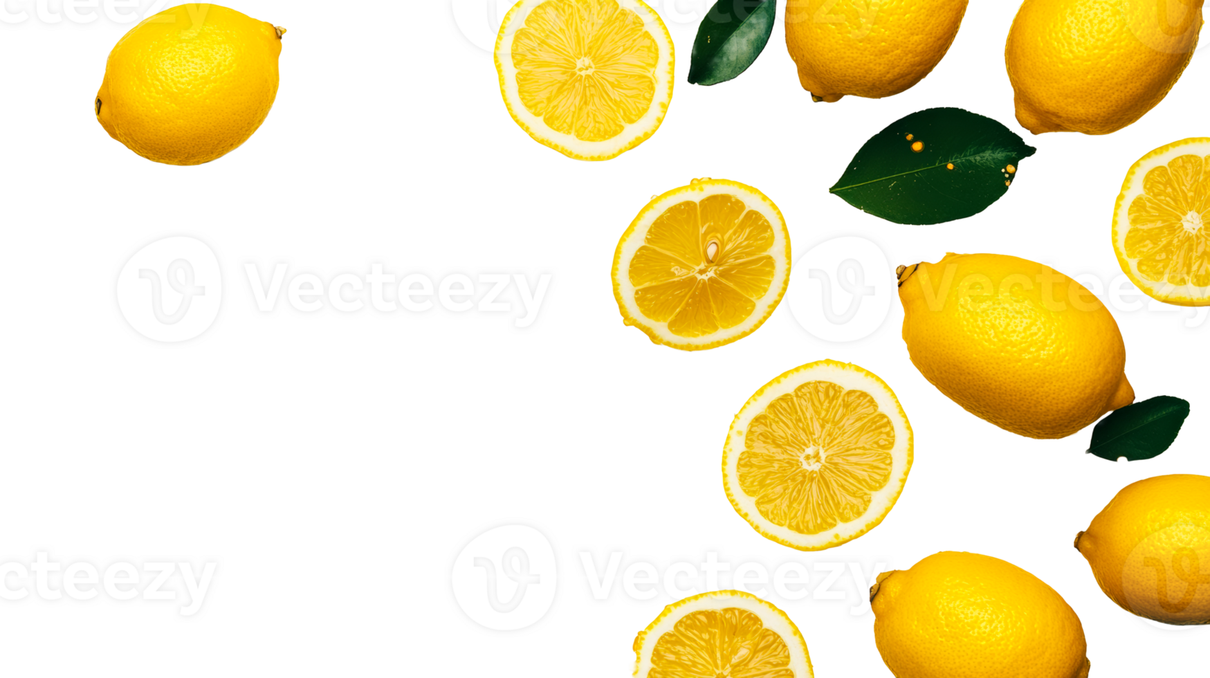 Bright yellow lemons and green leaves on black background, cut out transparent png