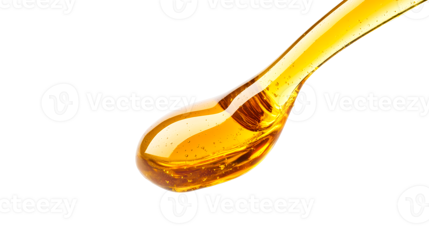 Golden syrup drop close-up with air bubbles, cut out transparent png