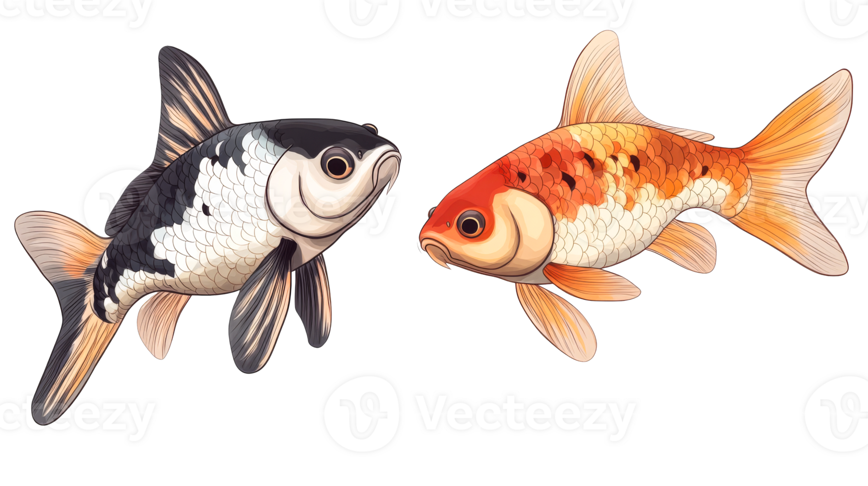 Two colorful goldfish facing each other on black background, cut out transparent png