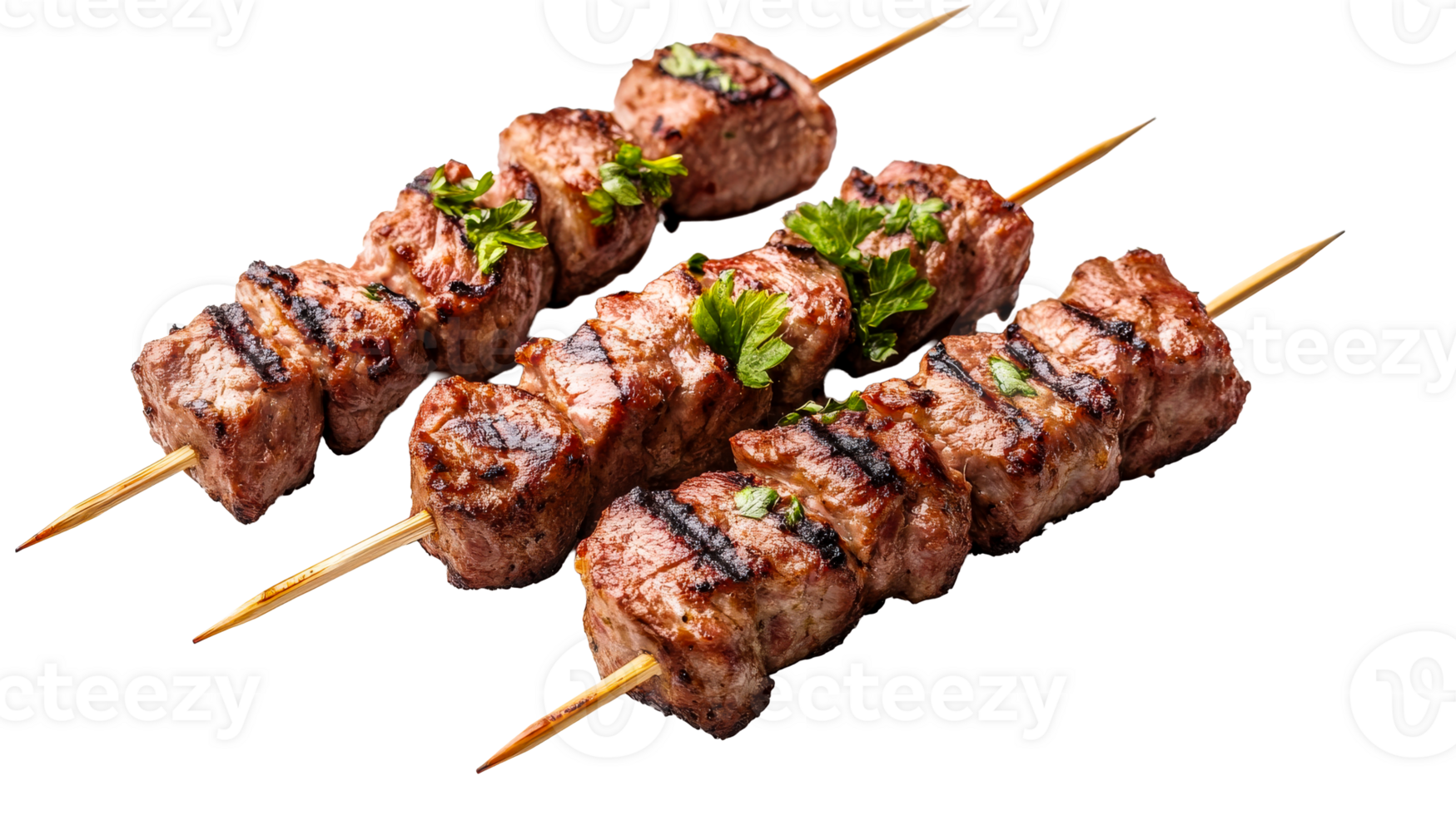 Three skewers with grilled meat and greens, cut out transparent png