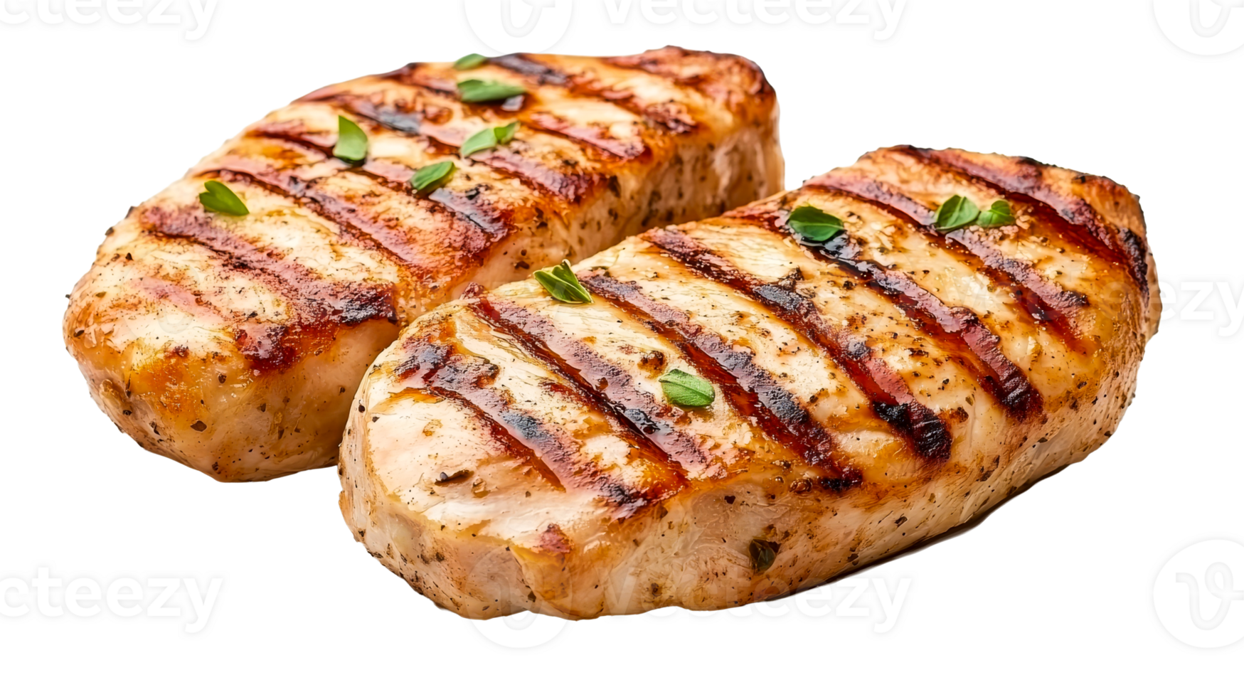 Two grilled pork chops with herbs, delectable, cut out transparent png