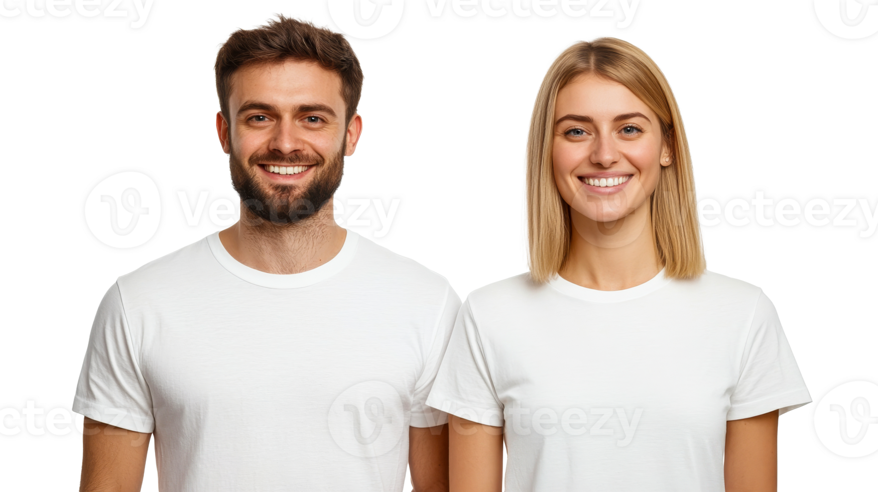 Smiling Couple in White T-Shirts Portrait Isolated, cut out transparent png