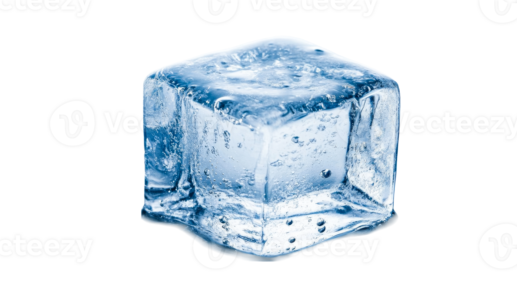 Ice cube close-up with condensation, isolated on black, cut out transparent png