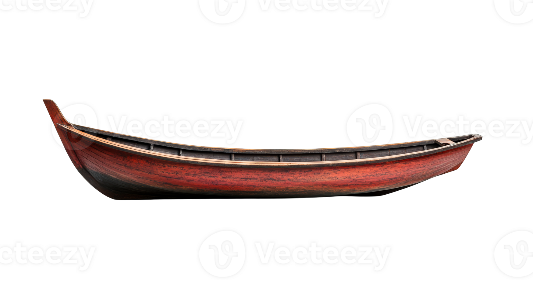 Rustic wooden boat isolated on black background, cut out transparent png