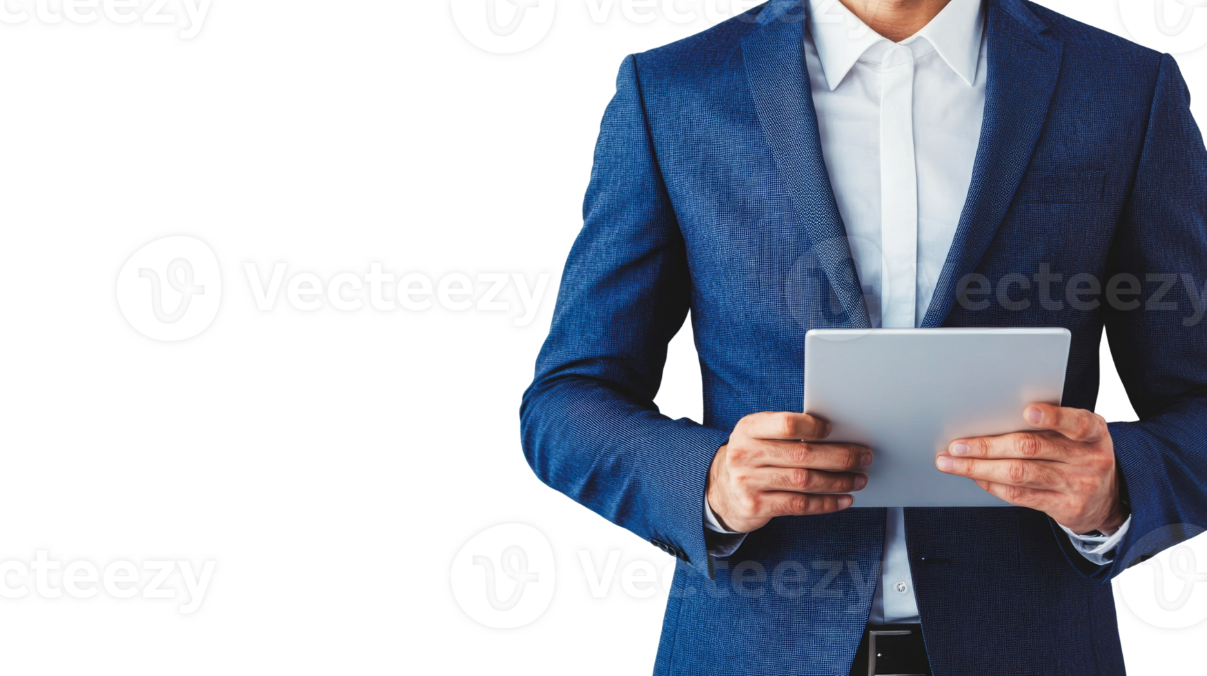 Man in suit holding tablet, mockup isolated, cut out transparent png