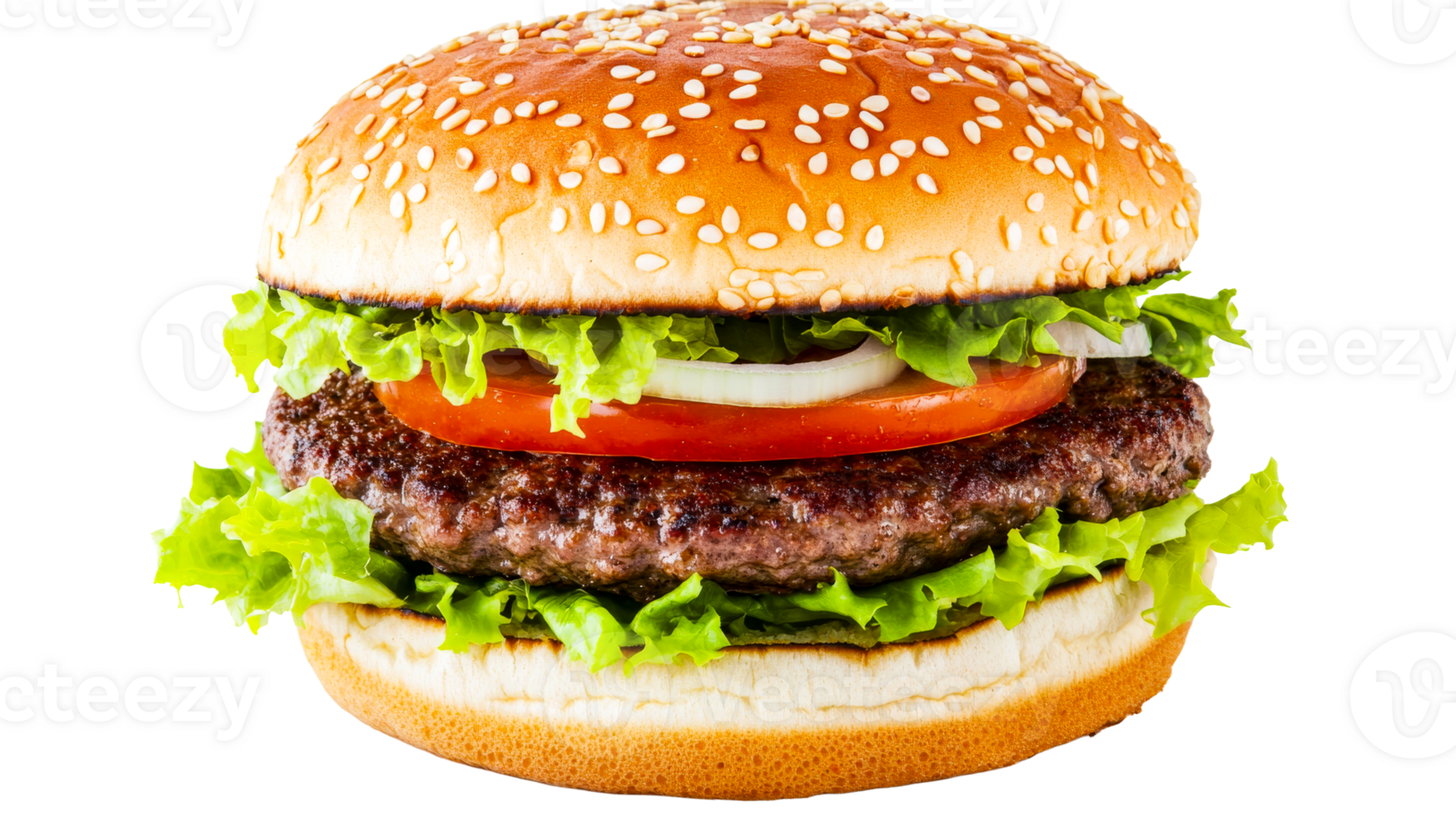 Appetizing Burger with Fresh Ingredients on Black Background, cut out transparent png