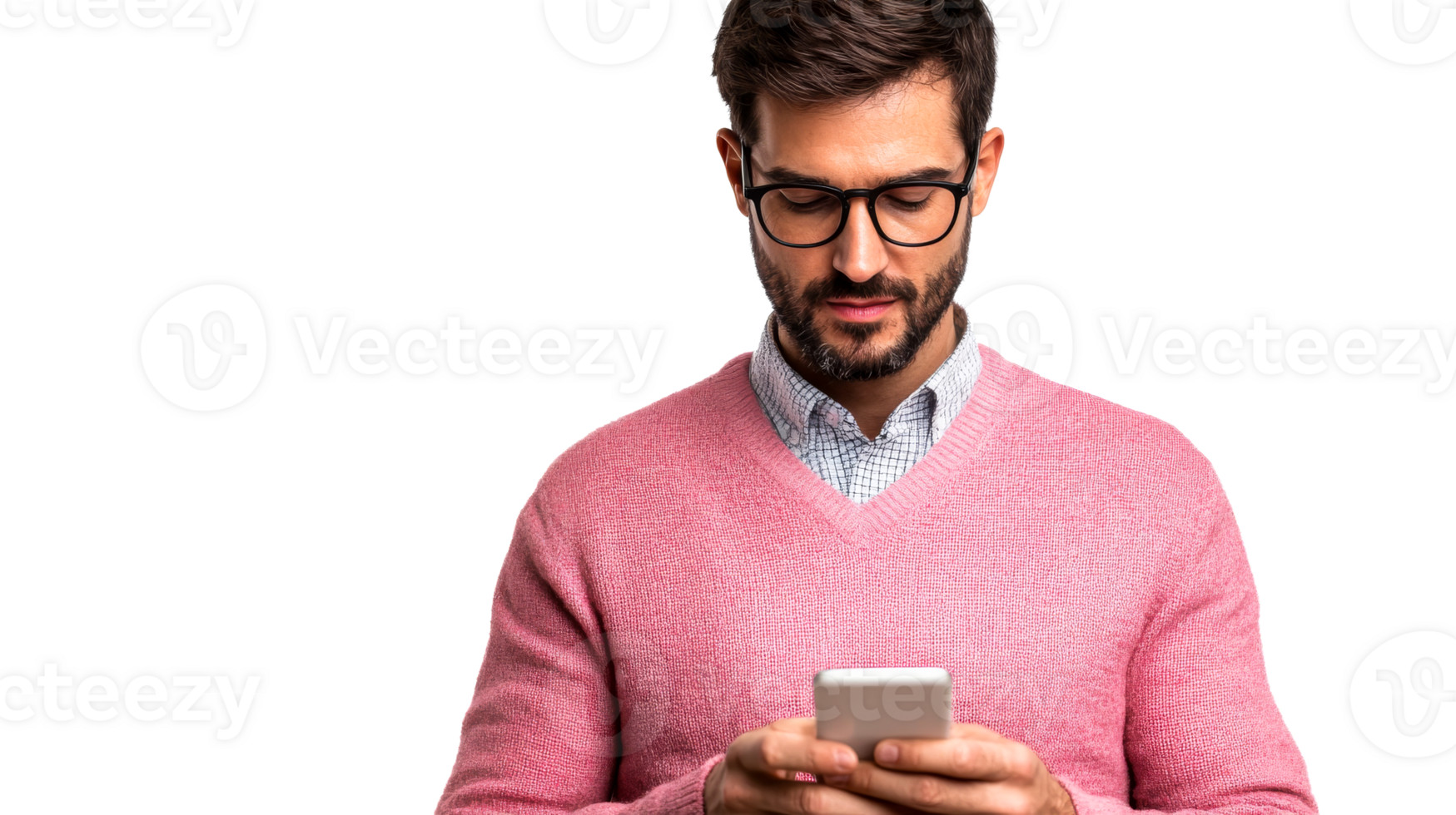 Man with glasses using smartphone, cut out transparent png