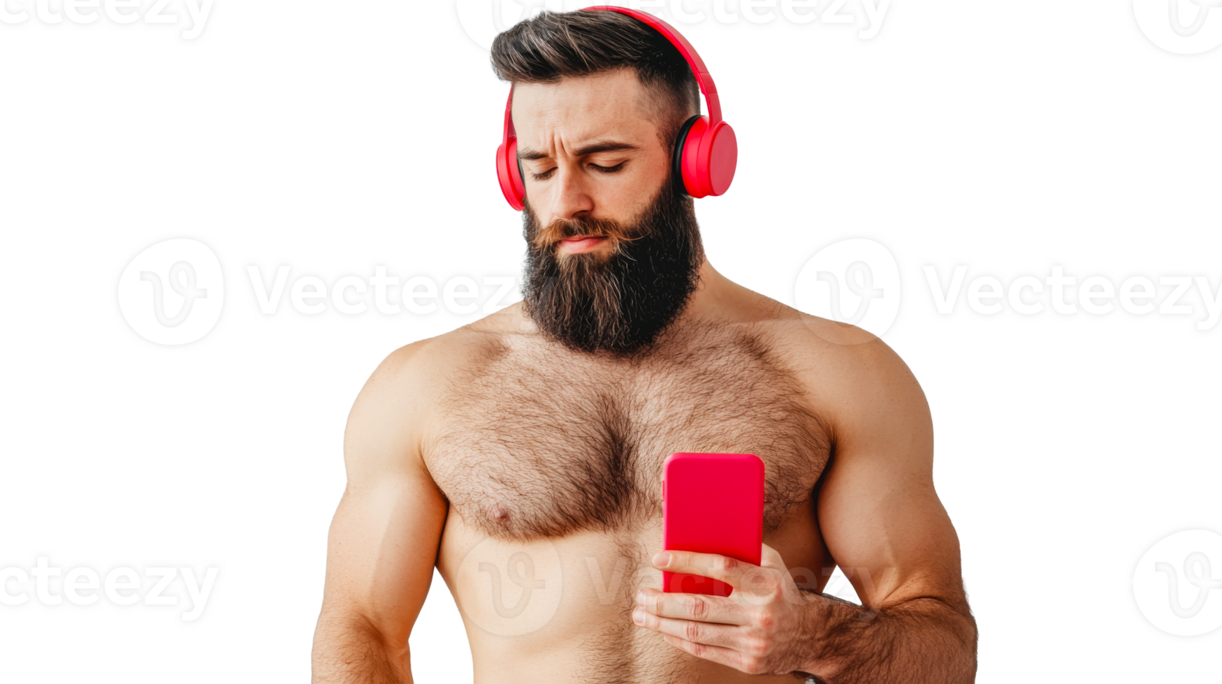 Muscular hairy man with headphones holding mobile, cut out transparent png