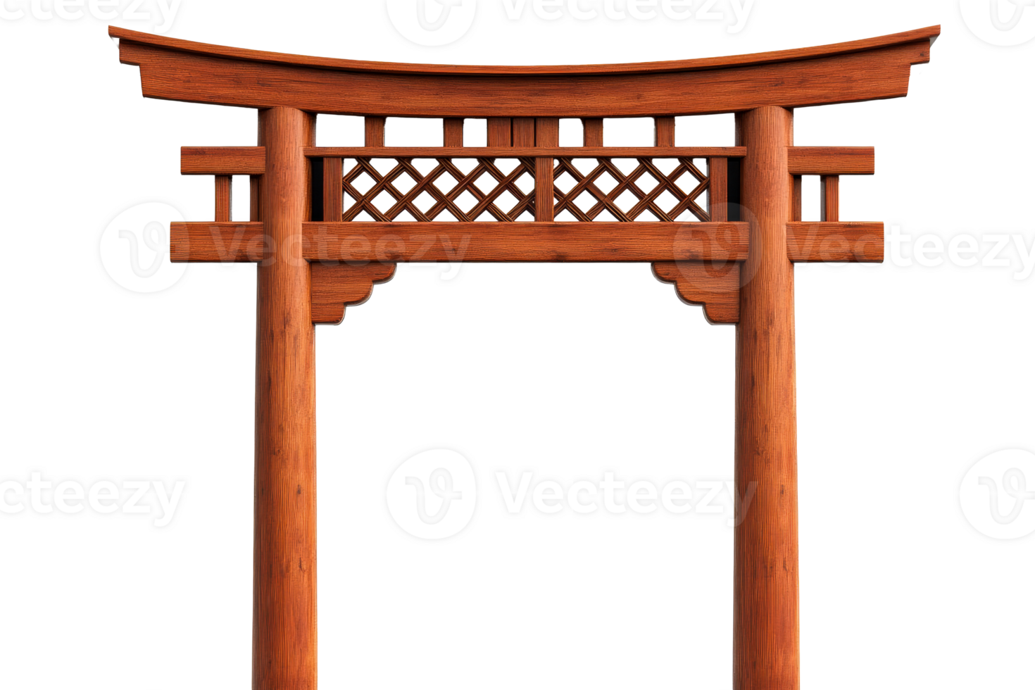 Ornate wooden torii gate, lattice details, architectural element, cut out transparent png