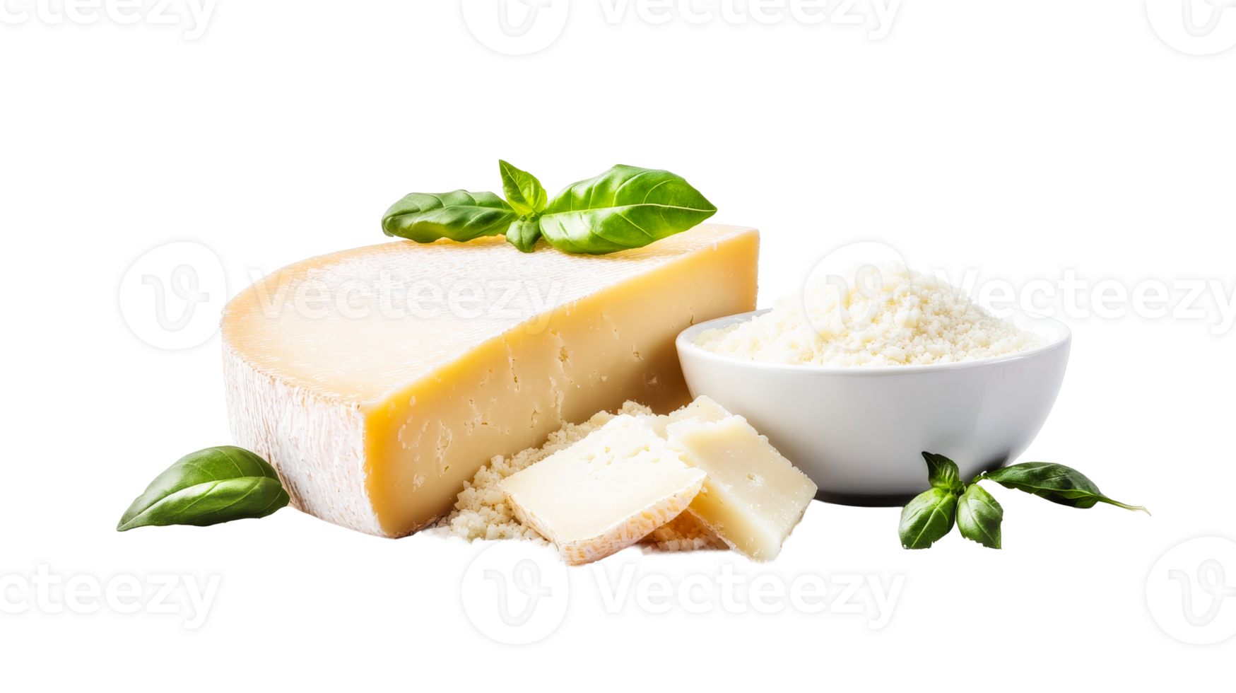 Wedge of Parmesan cheese with basil, cut out transparent png