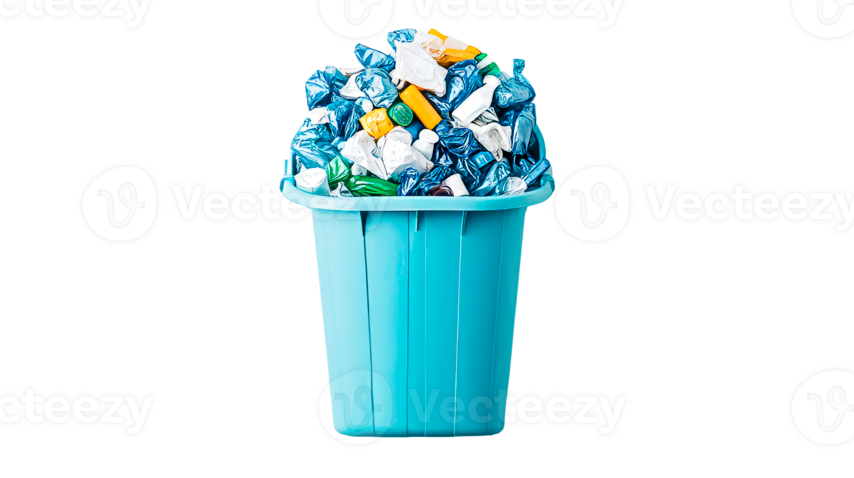 Recycle bin overflowing with plastic waste, waste sorting, ecology, cut out transparent png