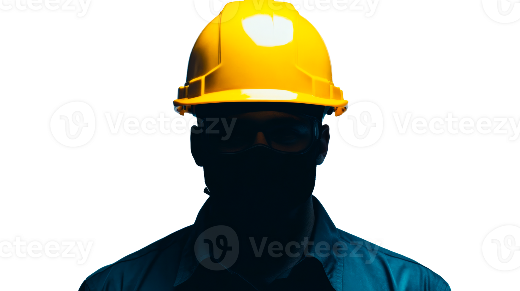 Dark silhouette of engineer in hard hat and protective glasses, cut out transparent png