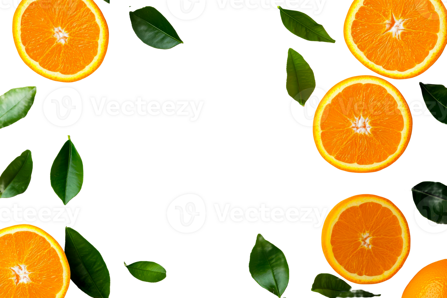 Sliced oranges and green leaves, cut out transparent png