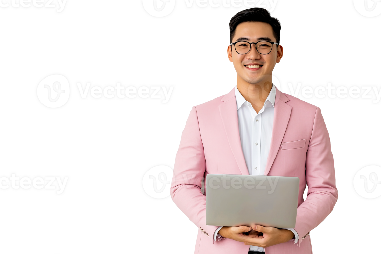 Asian man with laptop in pink suit smiles friendly, cut out transparent png