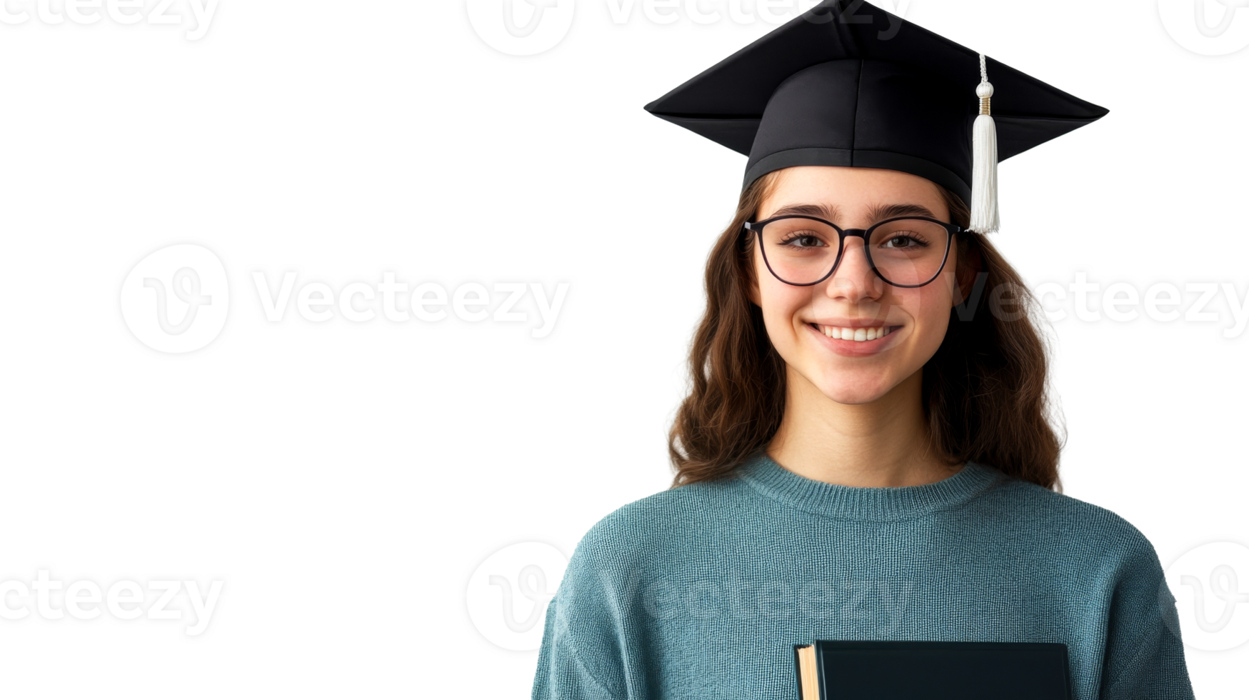 Smiling graduate with cap and glasses, holds book, isolated, cut out transparent png