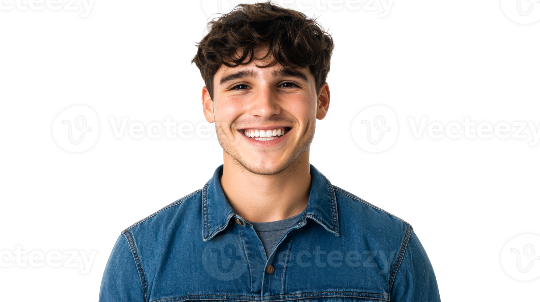 Smiling young man with curly hair poses for headshot, cut out transparent png