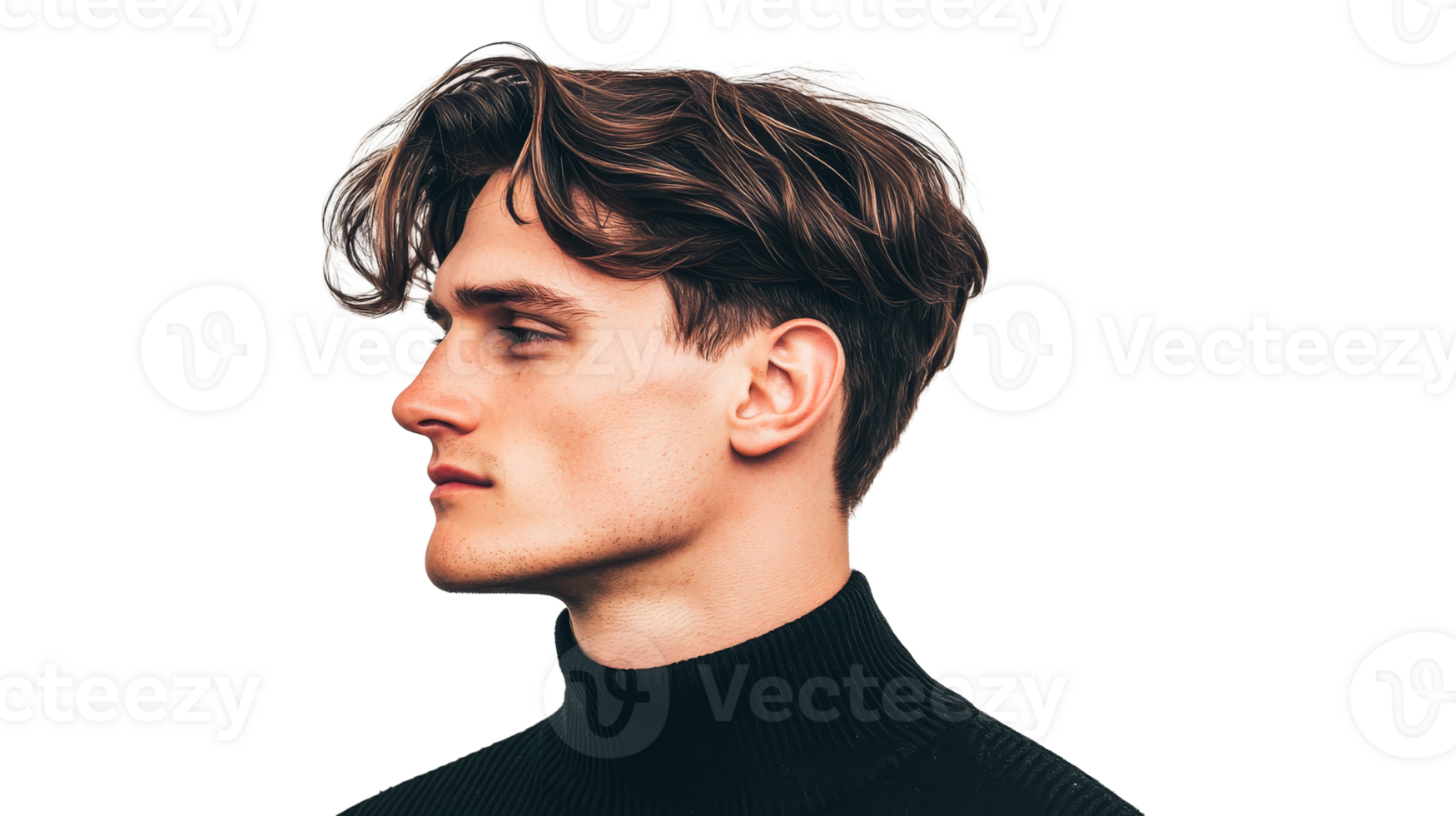 Handsome man in profile with styled hair, cut out transparent png