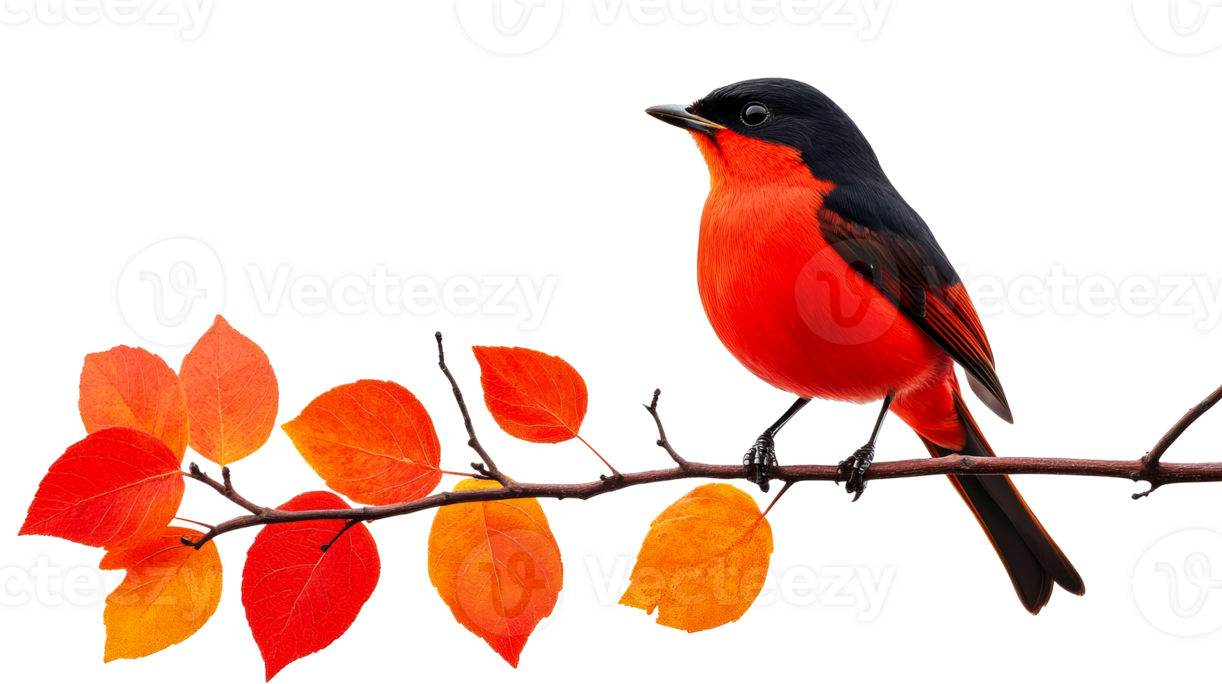 Vermilion flycatcher bird perched on tree branch with fall leaves, cut out transparent png