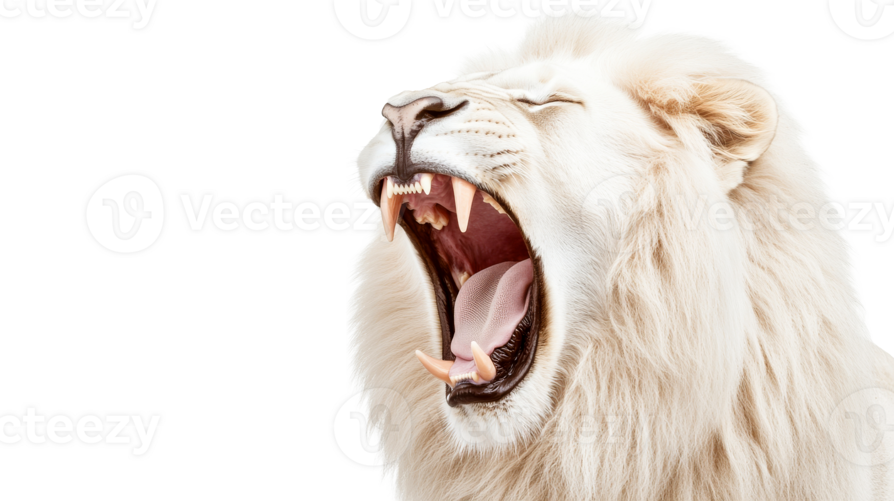 Roaring white lion showcasing teeth and tongue in detailed shot, cut out transparent png