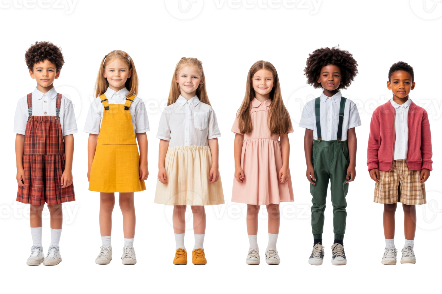 Group of children posing together in stylish retro outfits, cut out transparent png