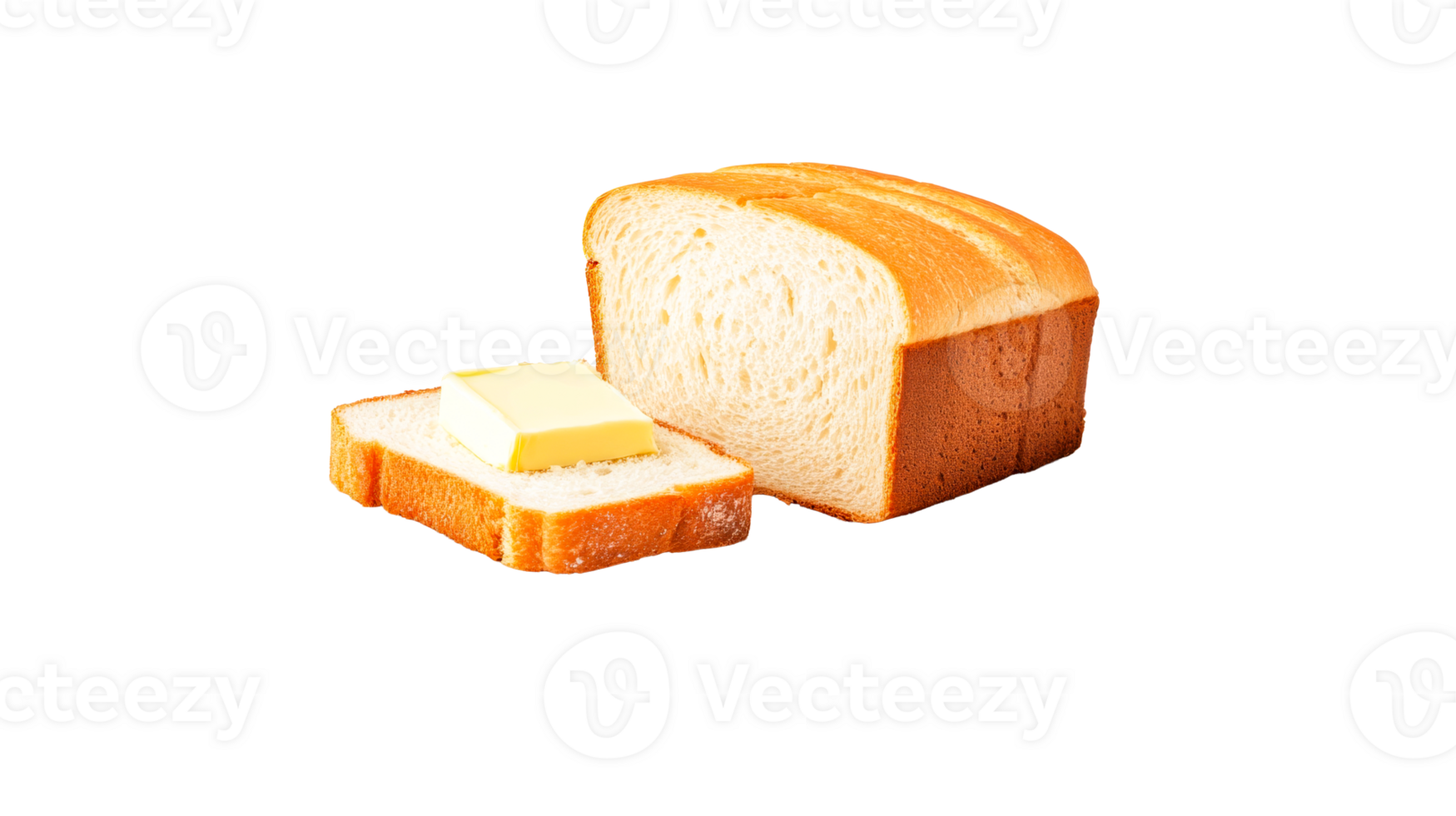 Fresh loaf and slice of bread with butter, cut out transparent png
