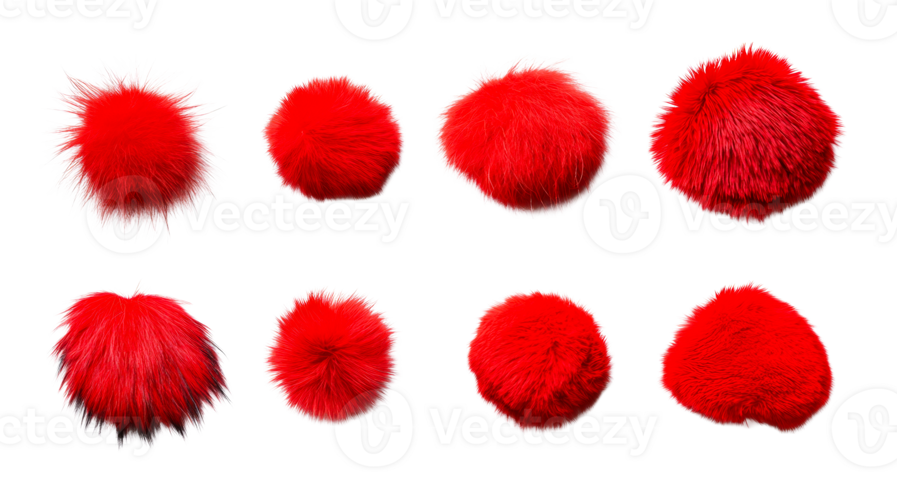 Set of Red Fur Pom Poms in Various Styles, cut out transparent png