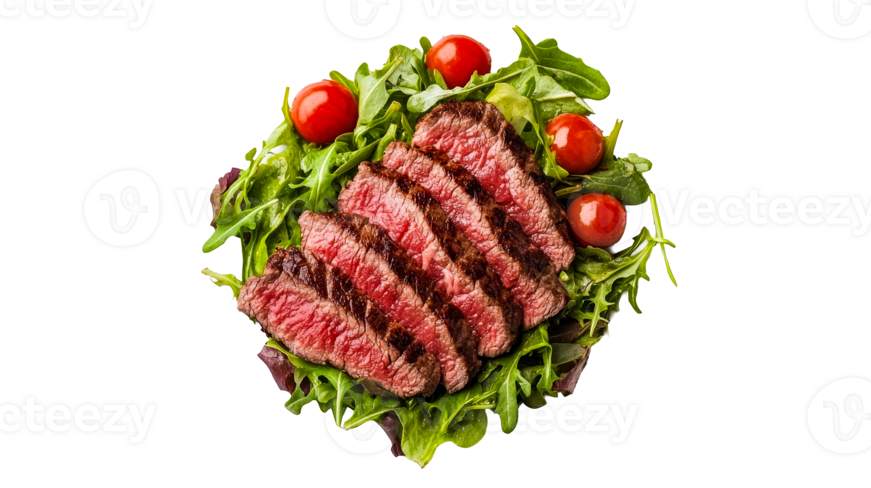 Grilled steak with cherry tomatoes and salad, balanced meal, cut out transparent png