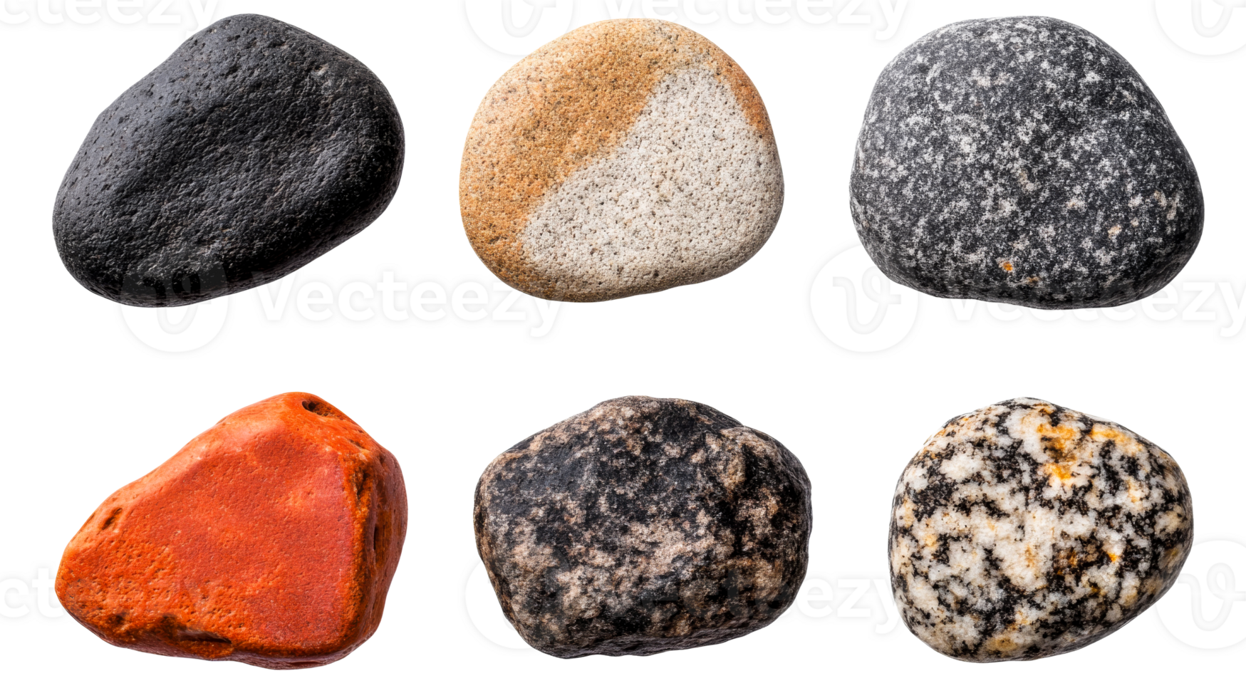 Diverse collection of polished pebble stones, cut out transparent png