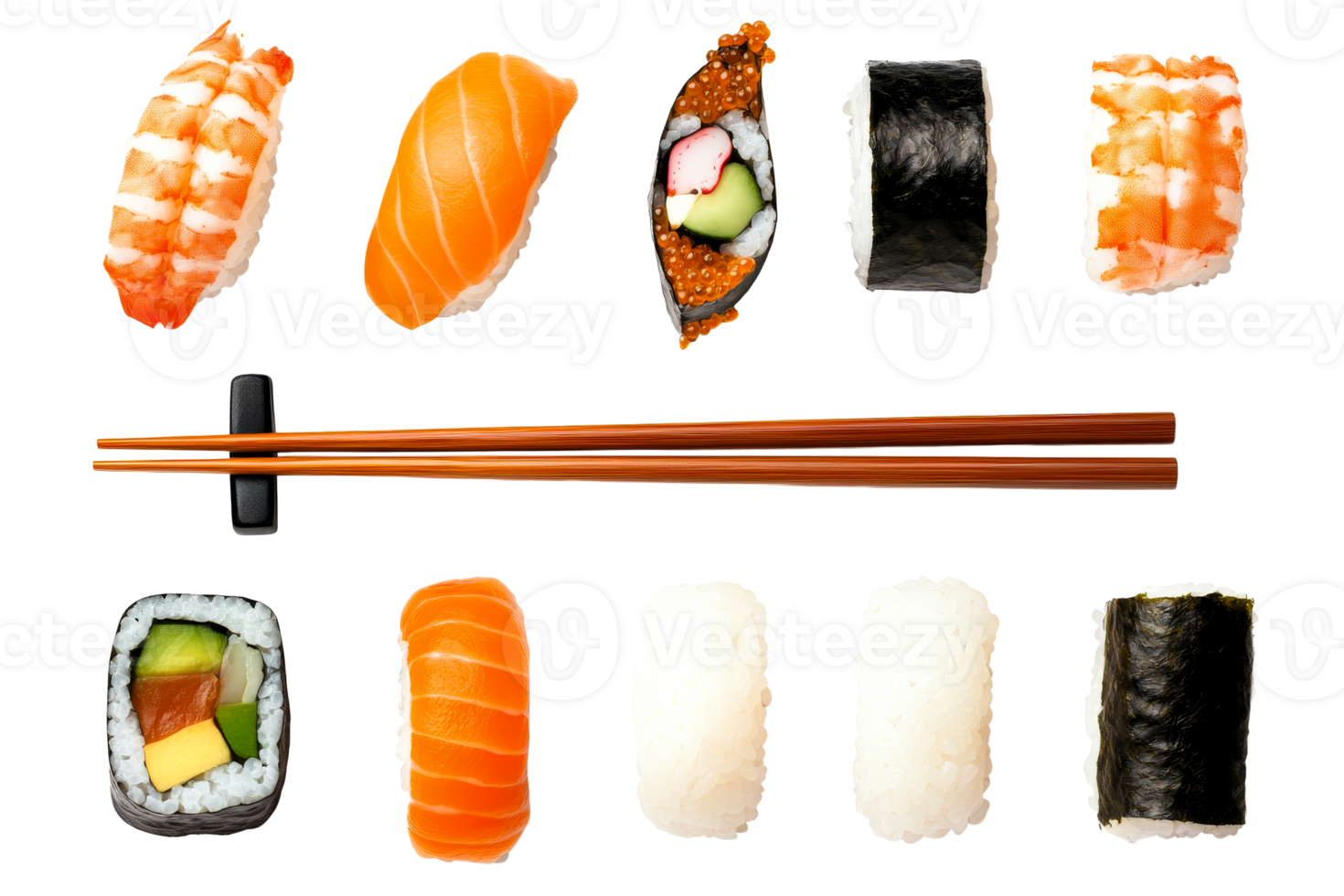 Sushi assortment with chopsticks isolated on black background, cut out transparent png