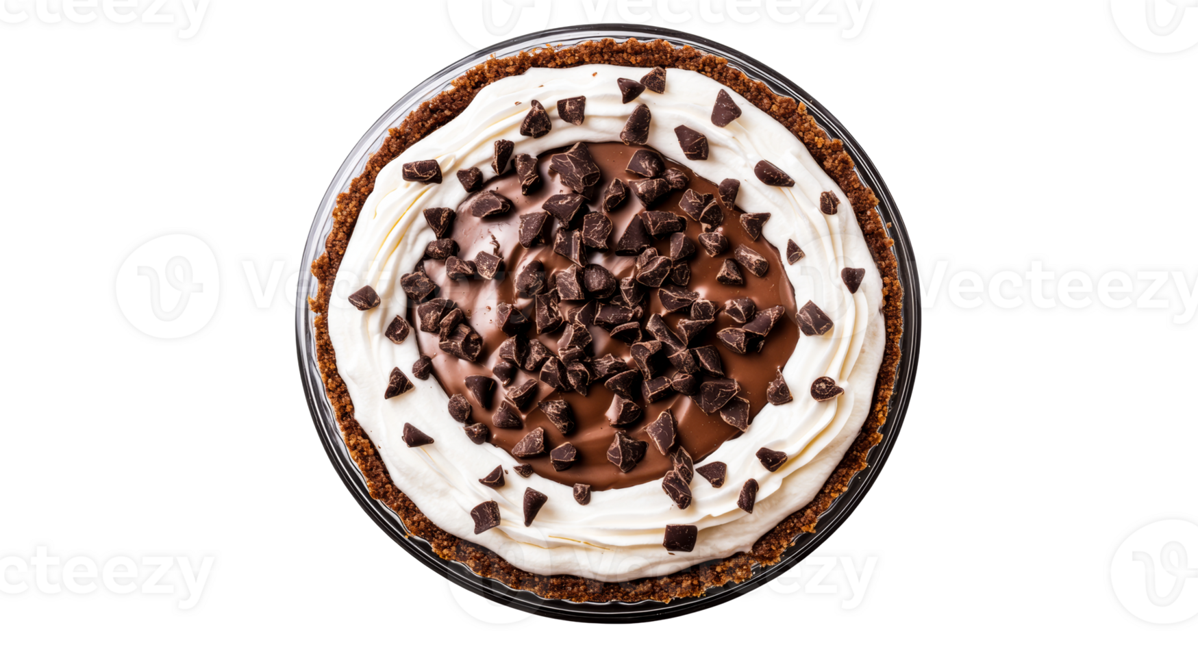 Chocolate cream pie with chunks, top view, sweet food, dessert, cut out transparent png