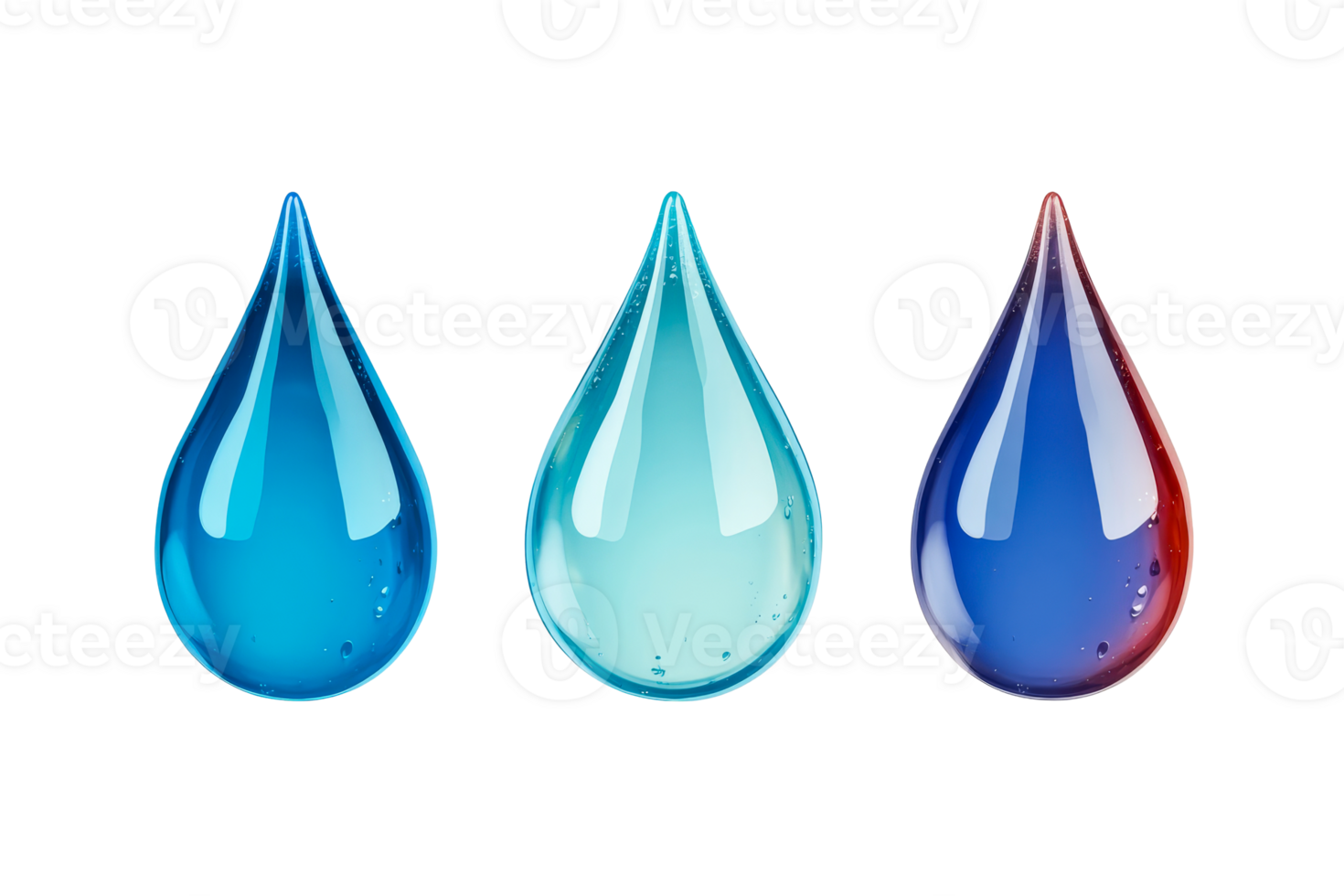Set of shiny three drops with different colors, cut out transparent png