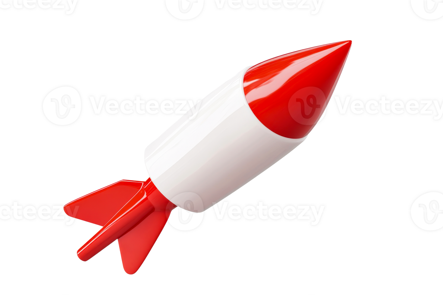 Red and white cartoon rocket isolated against black, cut out transparent png