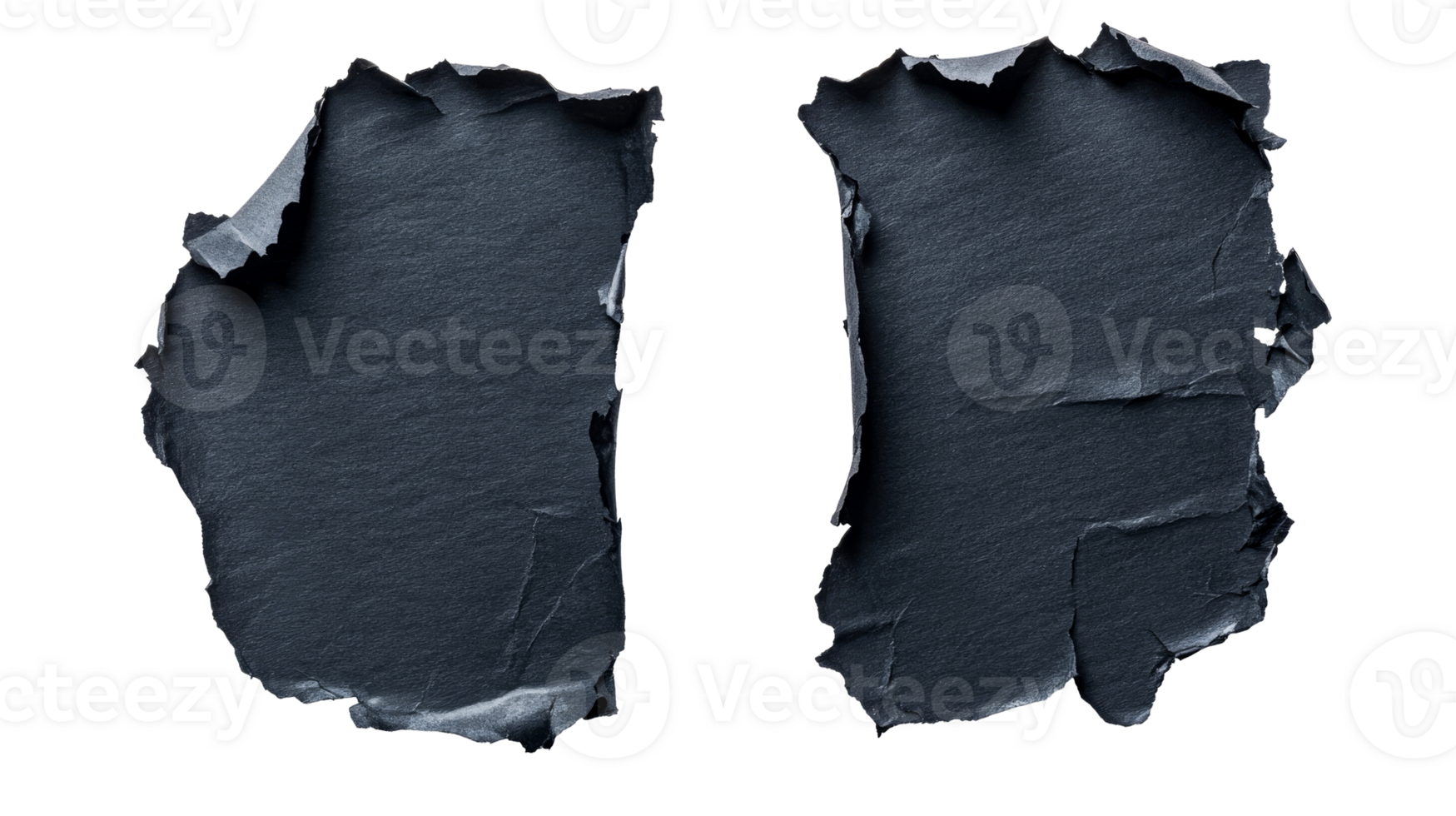 Two dark ragged paper sheet, close-up, with torn edges, cut out transparent png