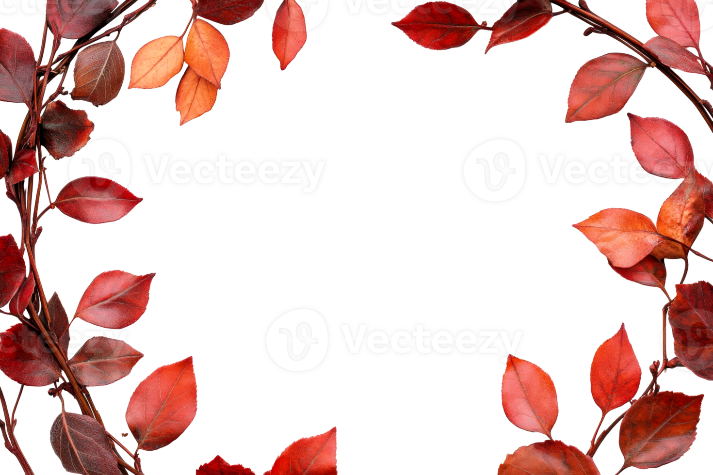 Autumn leaves frame with branches on black background, cut out transparent png