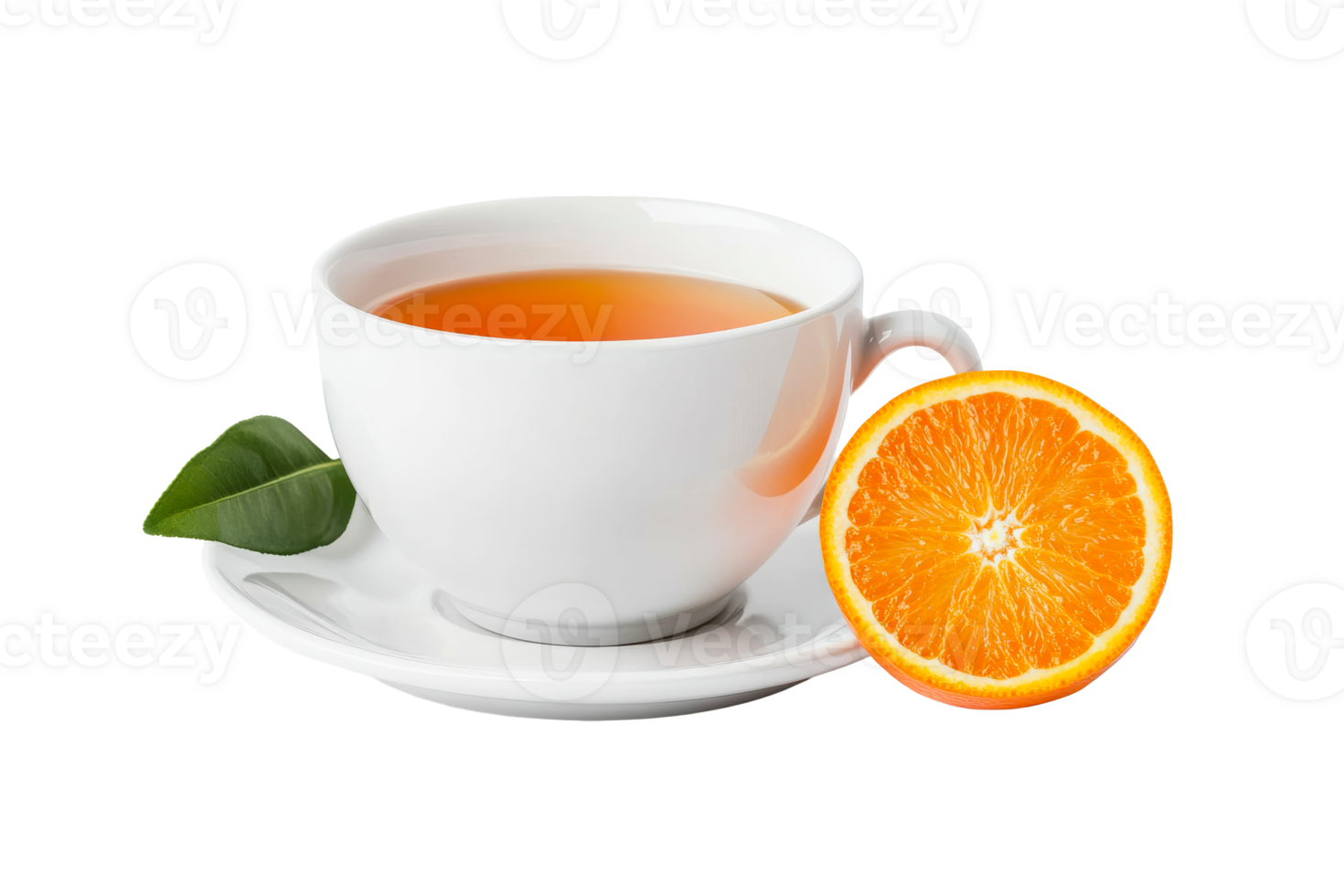 Cup of Tea with Slice of Orange and Green Leaf, cut out transparent png