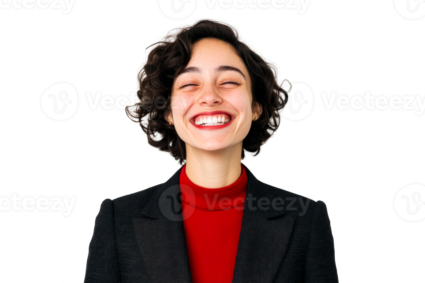 Enthusiastic woman in business attire laughs with closed eyes, cut out transparent png