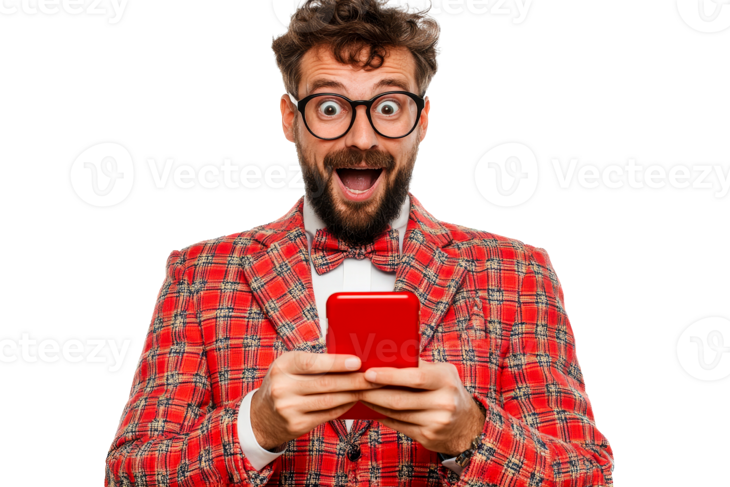 Man in plaid suit uses smartphone with excited facial expression, cut out transparent png