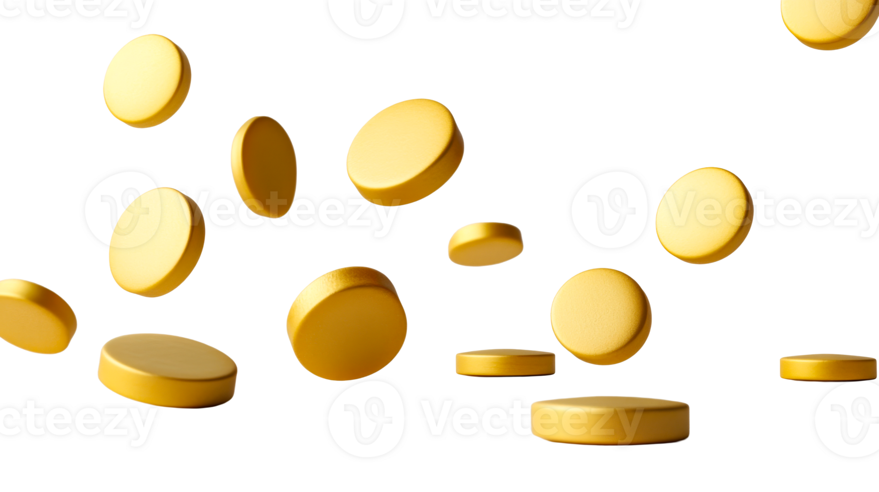 Group of yellow coins in mid-air on black background, cut out transparent png