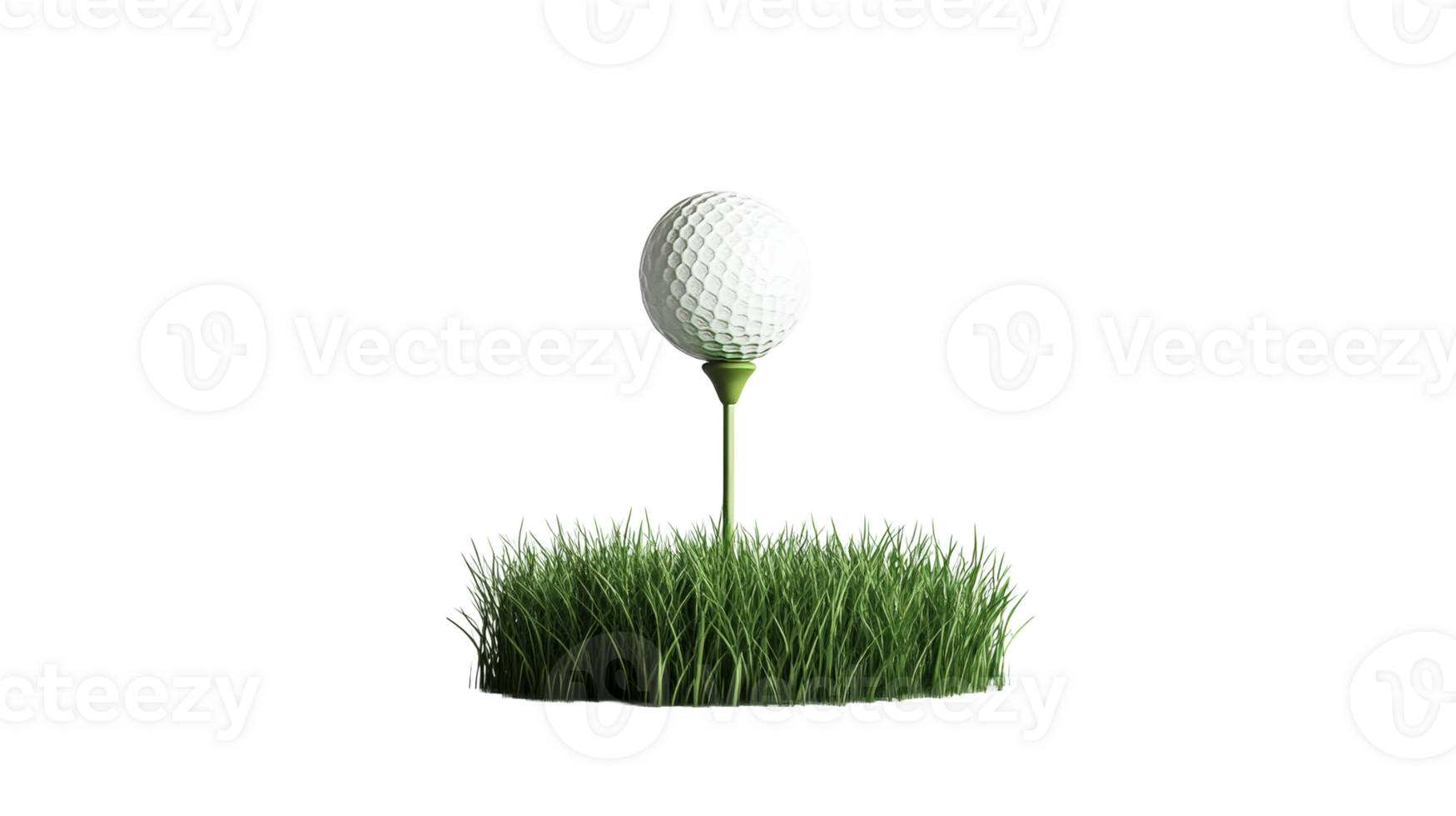 Golf ball on tee in grass patch against black background, cut out transparent png