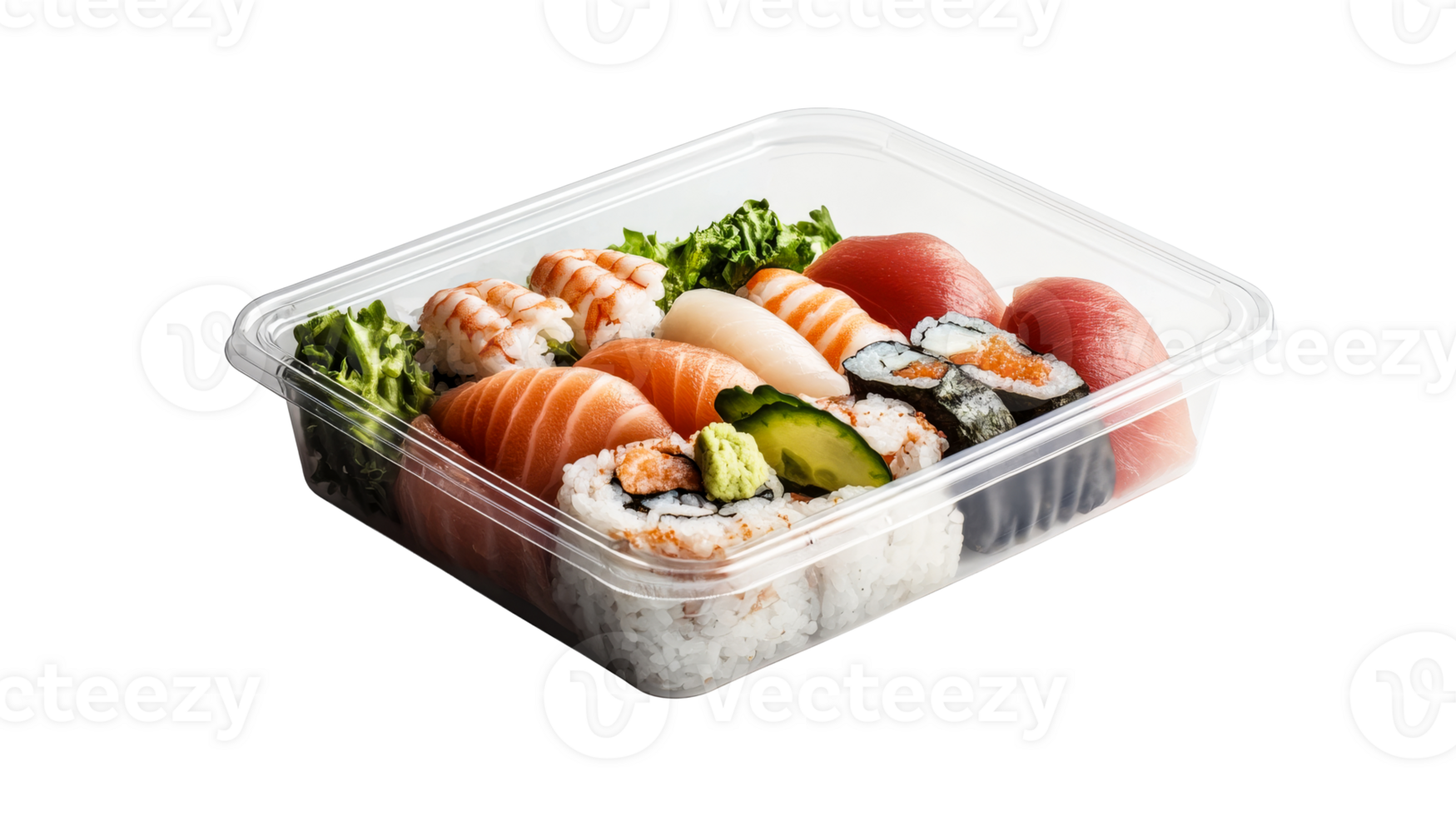 Fresh Sushi Assortment in Clear Container, cut out transparent png