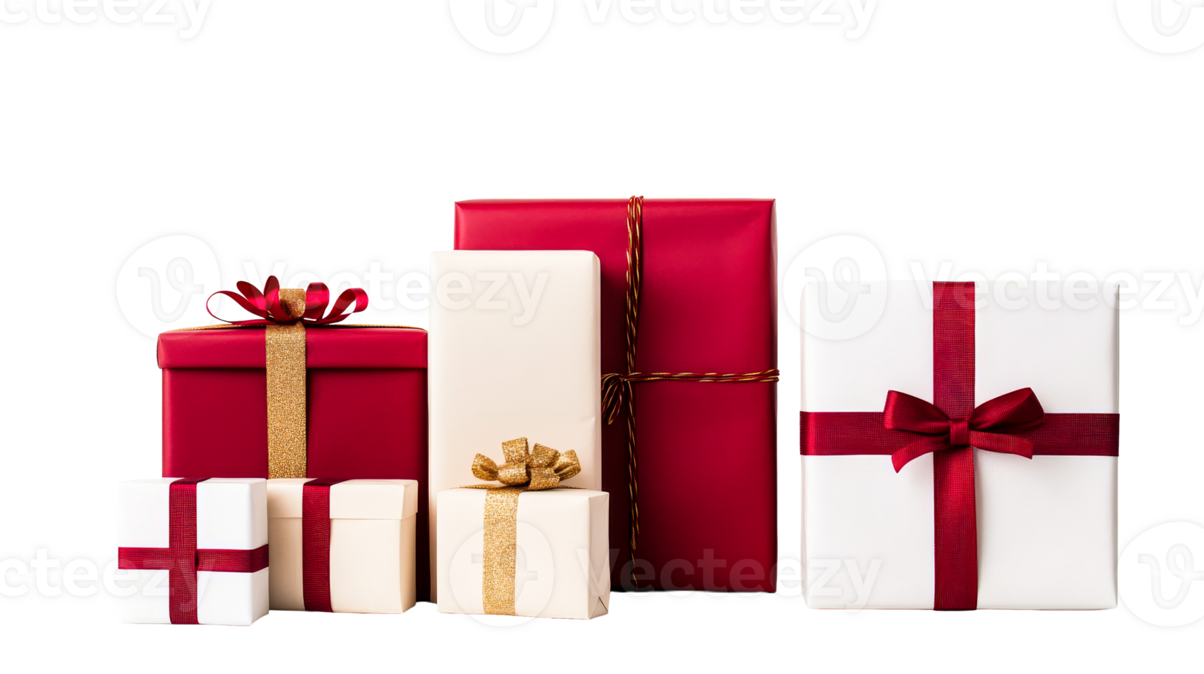Assortment of festive gift boxes wrapped in paper and ribbons, cut out transparent png