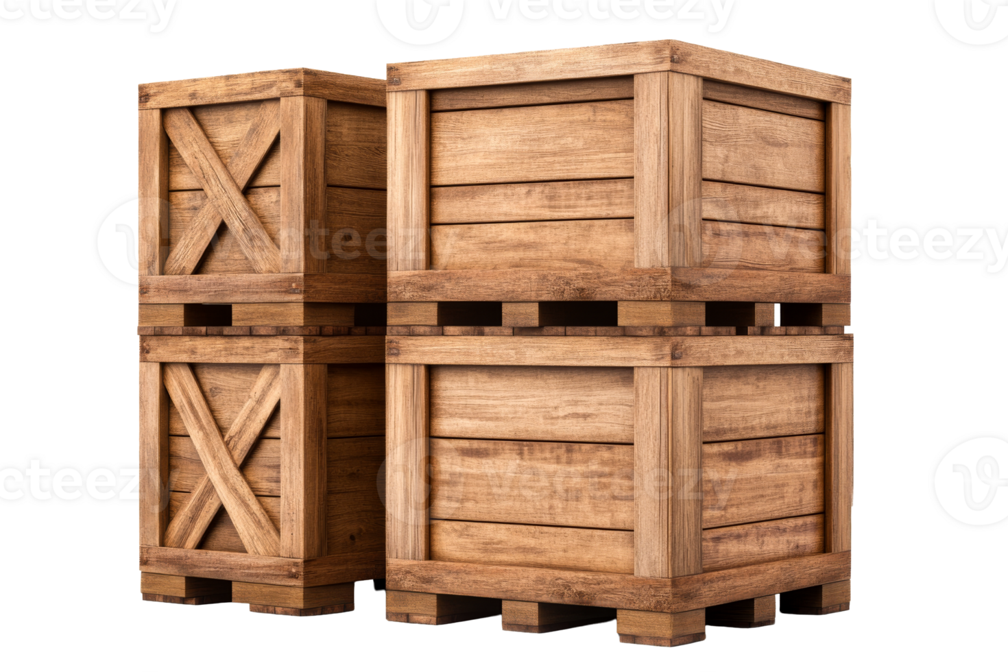 Rustic wooden crates stacked high, cutout transparent png