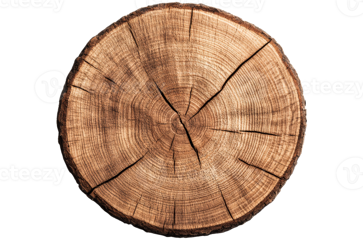 Wood log slice with annual rings and cracks, cut out transparent png