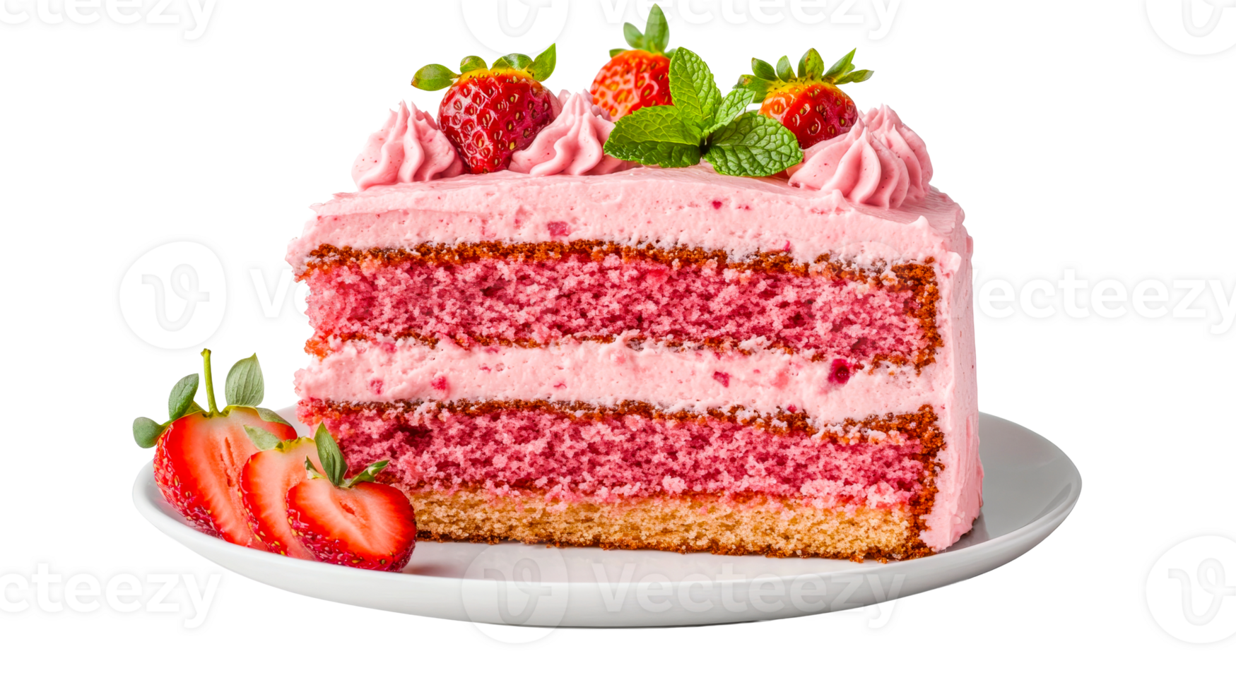 Strawberry cake slice with frosting and fruit topping, cut out transparent png